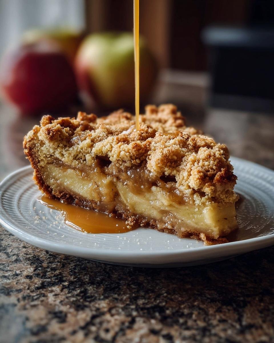 Gros plan d'une part de crumble aux pommes et caramel salé, du caramel coulant sur le dessus.