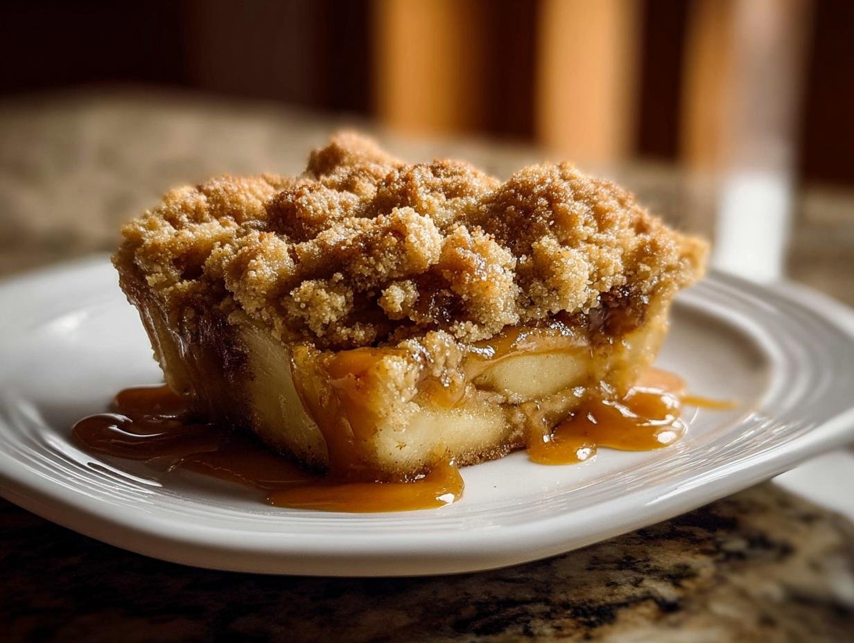 Gros plan d'une part de crumble aux pommes et caramel salé dégoulinant sur une assiette blanche.