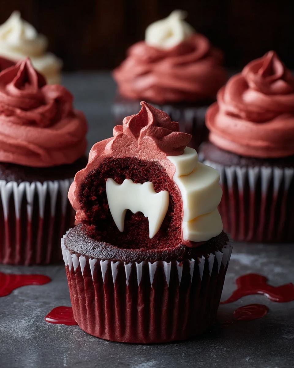 Gros plan d'un cupcake Morsure de Vampire Halloween avec une dent de vampire en chocolat blanc à l'intérieur.
