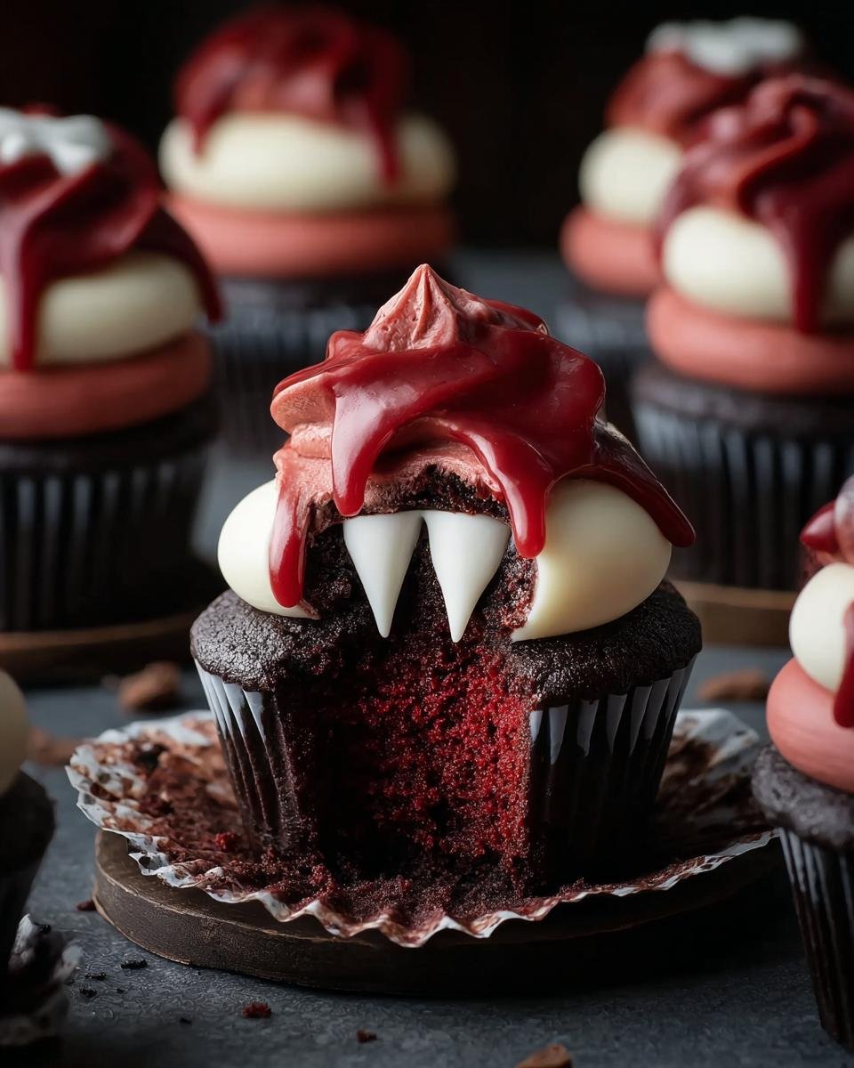 Gros plan d'un cupcake morsure de vampire Halloween avec glaçage rouge sang et fausses dents.