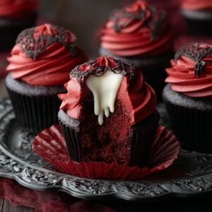 Gros plan sur un cupcake morsure de vampire Halloween avec glaçage rouge et garniture blanche dégoulinante.