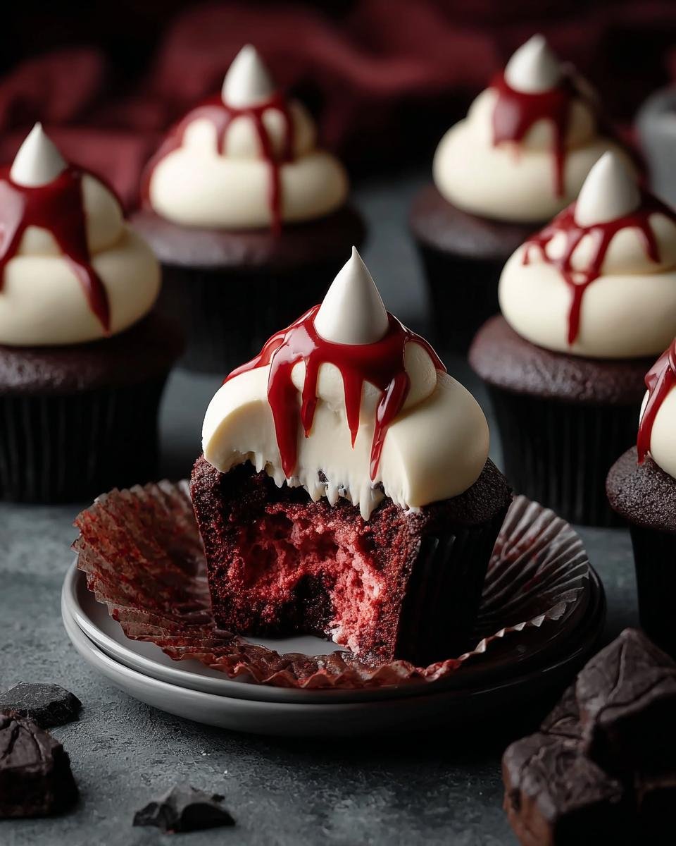 Gros plan d'un cupcake Morsure de Vampire Halloween avec glaçage blanc et coulis rouge sang, un morceau a été mordu.