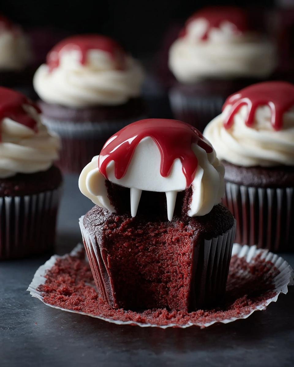 Gros plan sur un cupcake Morsure de Vampire Halloween avec glaçage blanc, fausses dents et coulis rouge sang, sur fond sombre.