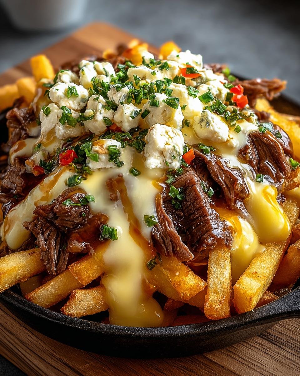 Gros plan de frites au fromage et steak, garnies de fromage bleu, persil et piments rouges.