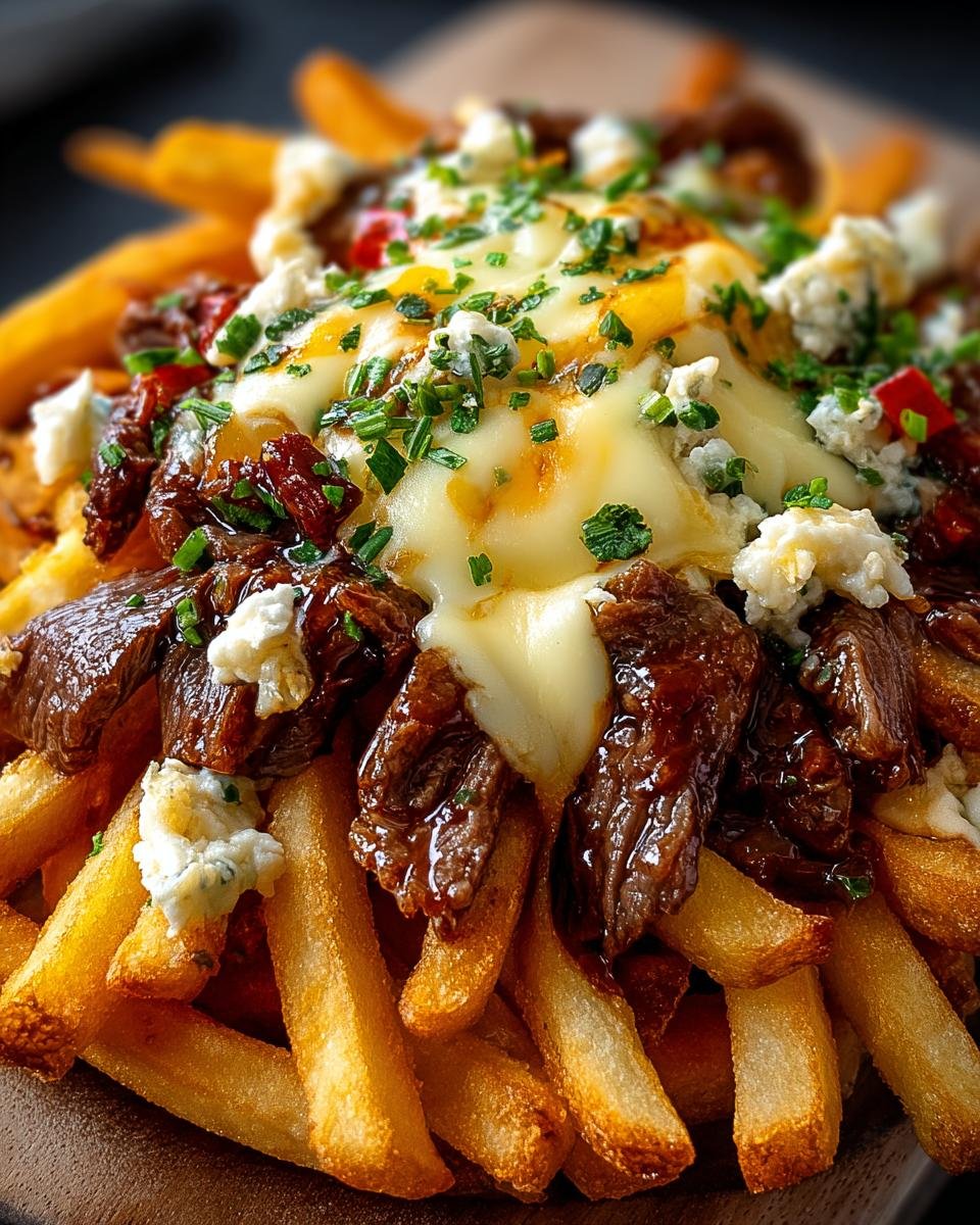Gros plan de frites au fromage et steak, garnies de fromage bleu émietté et de ciboulette.