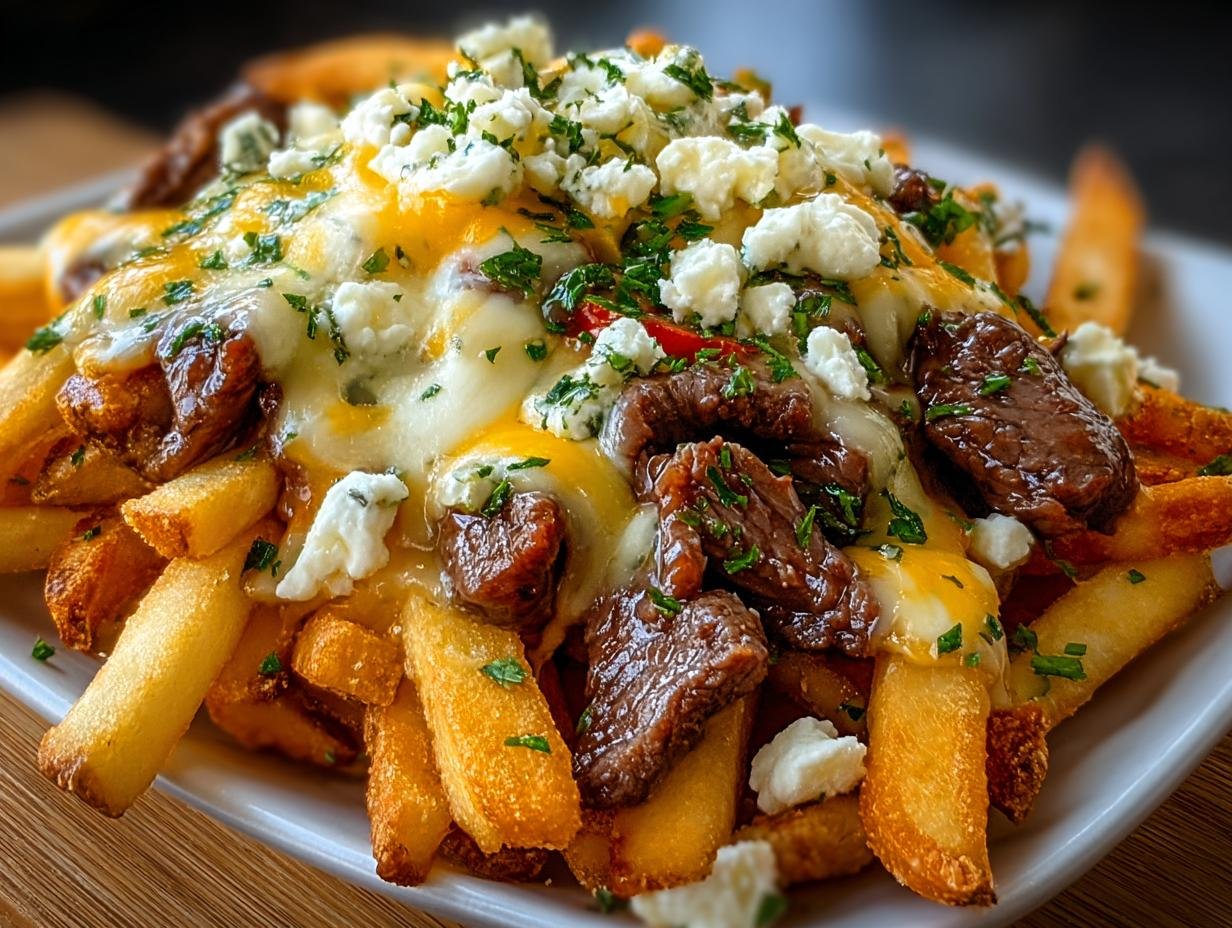 Gros plan de frites au fromage et steak, garnies de fromage fondu et de morceaux de steak.