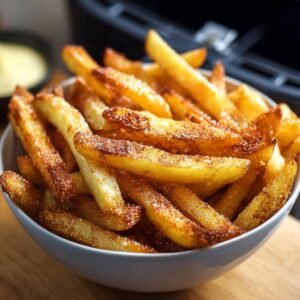 Gros plan d'un bol rempli de frites de pommes croustillantes saupoudrées d'épices.