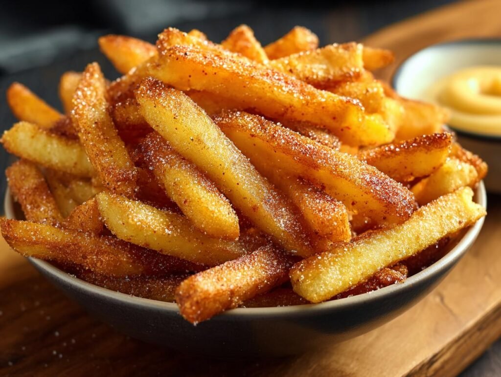 Gros plan de frites de pommes croustillantes saupoudrées de sucre et d'épices dans un bol.