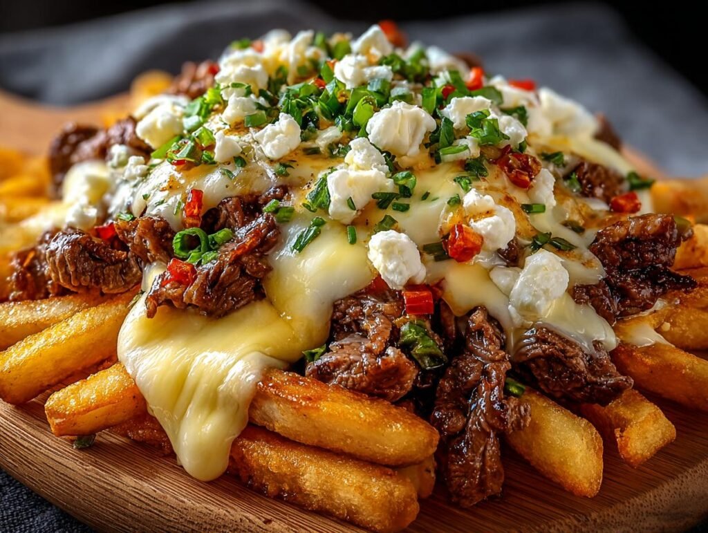Gros plan de frites au fromage et steak, garnies de fromage fondu, de morceaux de steak, de piments et de ciboule.