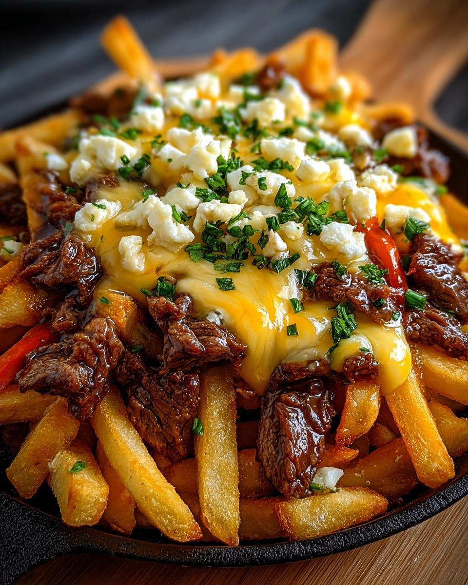 Gros plan de frites au fromage et steak, garnies de fromage fondu, de morceaux de steak et de persil frais.