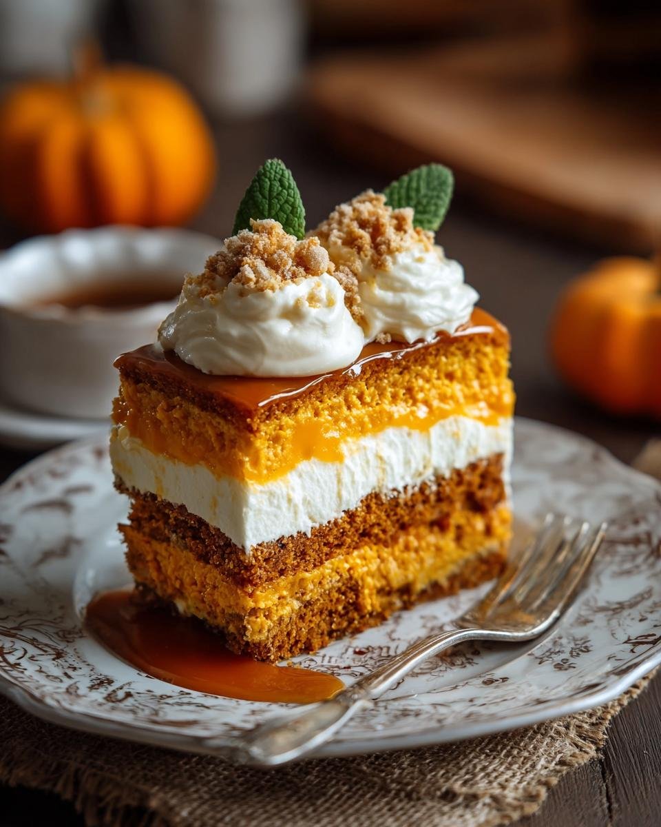Gros plan d'une part de gâteau au potiron avec crème, glaçage caramel et feuilles de menthe.