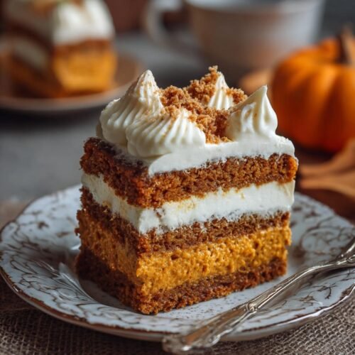 Gros plan d'une part de gâteau au potiron moelleux avec glaçage blanc et éclats de biscuits.