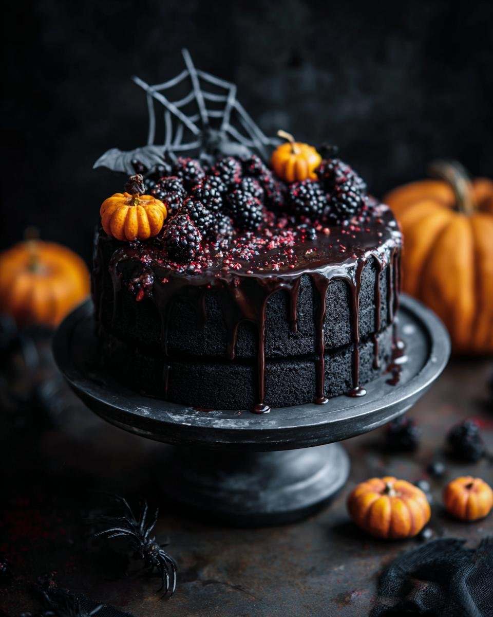Gâteau Black Velvet d'Halloween à deux étages, garni de mûres, de glaçage au chocolat et de mini citrouilles.