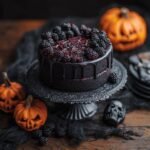 Gâteau Black Velvet d'Halloween décoré de mûres et d'une toile d'araignée en glaçage.