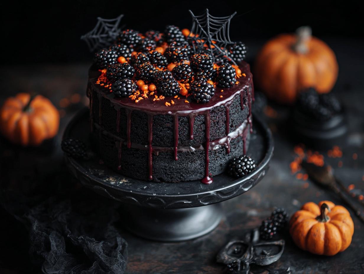 Gâteau Black Velvet d'Halloween à deux étages, garni de mûres, glaçage chocolat et décorations d'araignées.