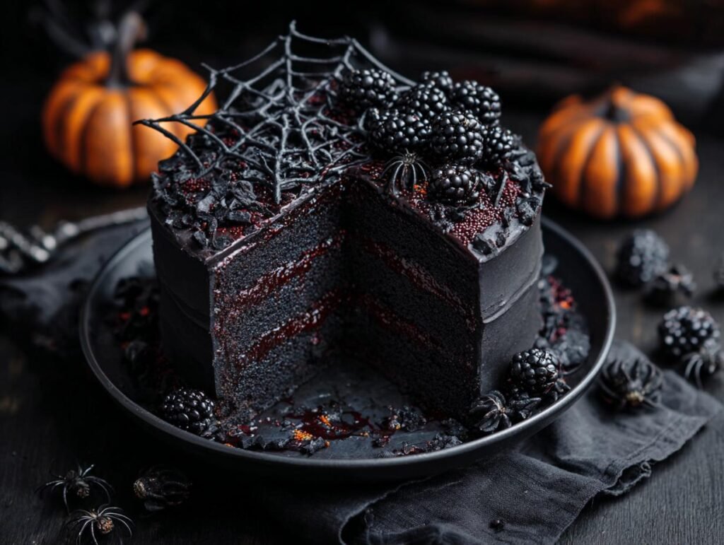 Gâteau Black Velvet d'Halloween noir avec toile d'araignée, mûres et citrouilles.
