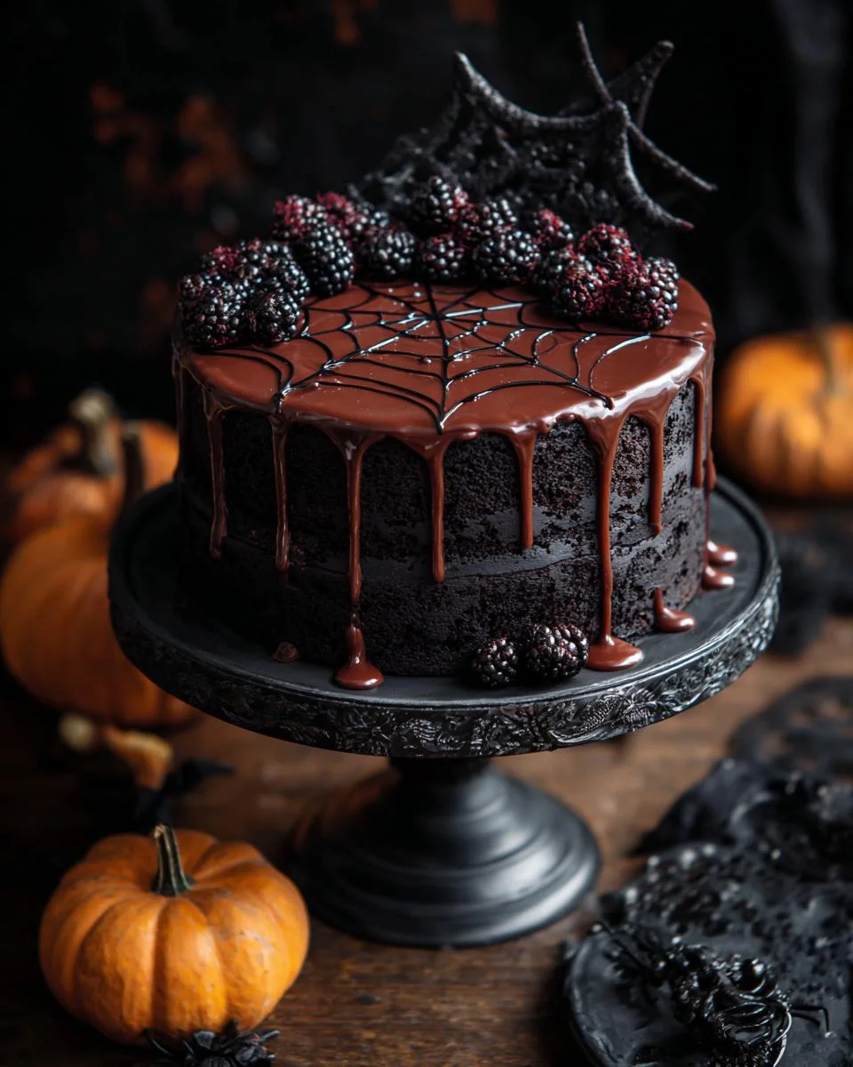 Gâteau Black Velvet d'Halloween avec glaçage au chocolat, décoré d'une toile d'araignée, de mûres et d'une décoration d'araignée.