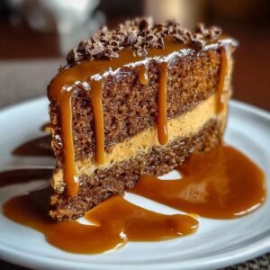 Gros plan d'une tranche de gâteau au café et caramel, nappée de sauce caramel et garnie de copeaux de chocolat.