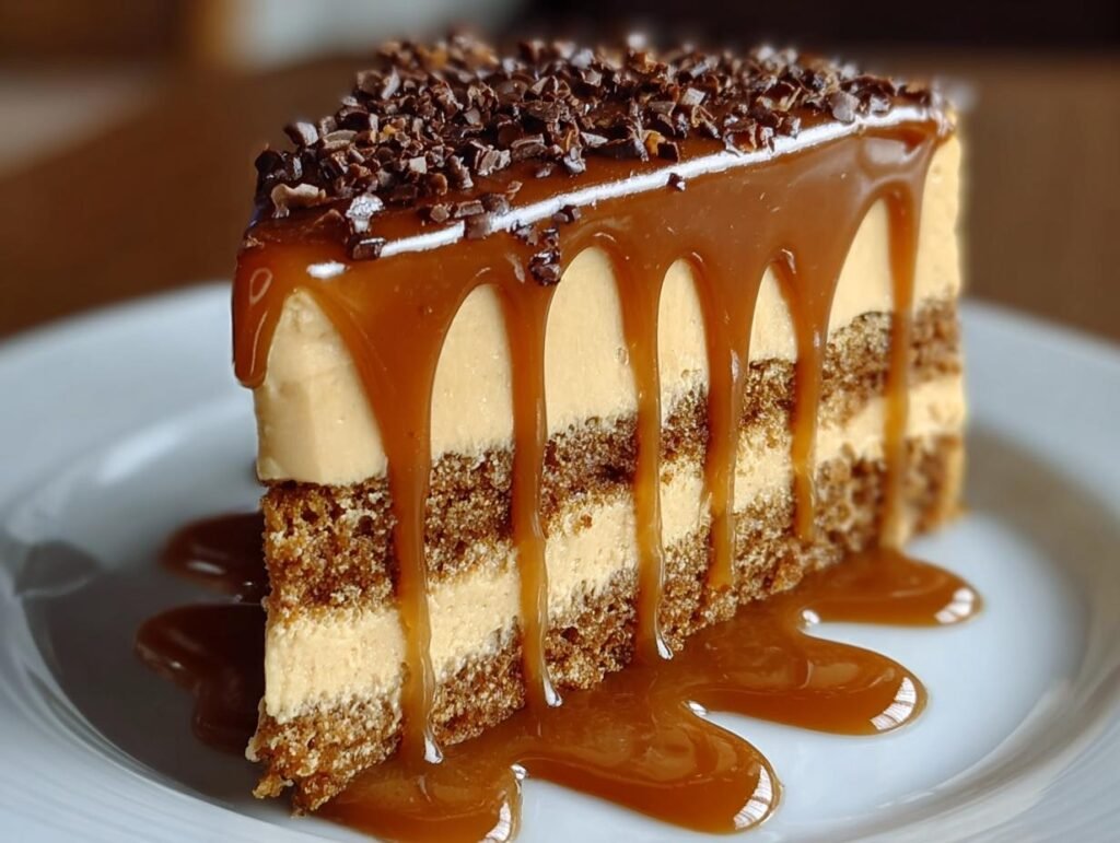 Gros plan d'une tranche de gâteau au café et caramel, arrosée de sauce caramel et garnie de copeaux de chocolat.