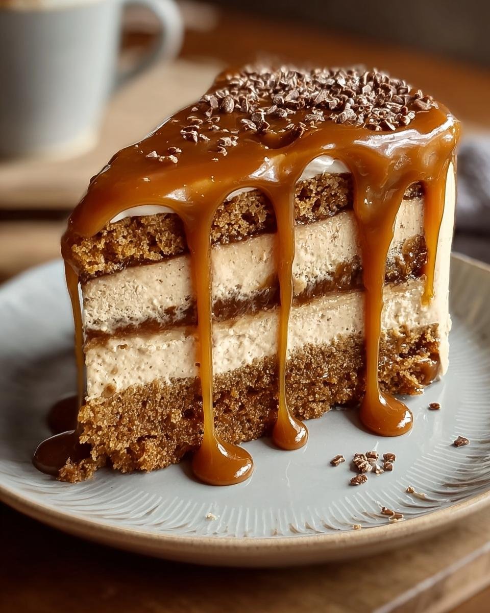 Gros plan d'une tranche de gâteau au café et caramel dégoulinant sur une assiette.