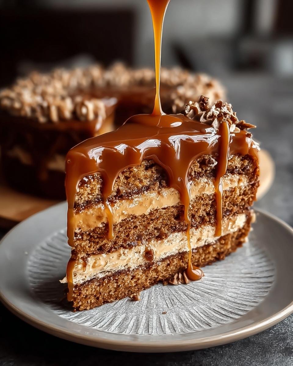 Gros plan d'une tranche de gâteau au café et caramel avec un coulis de caramel coulant.
