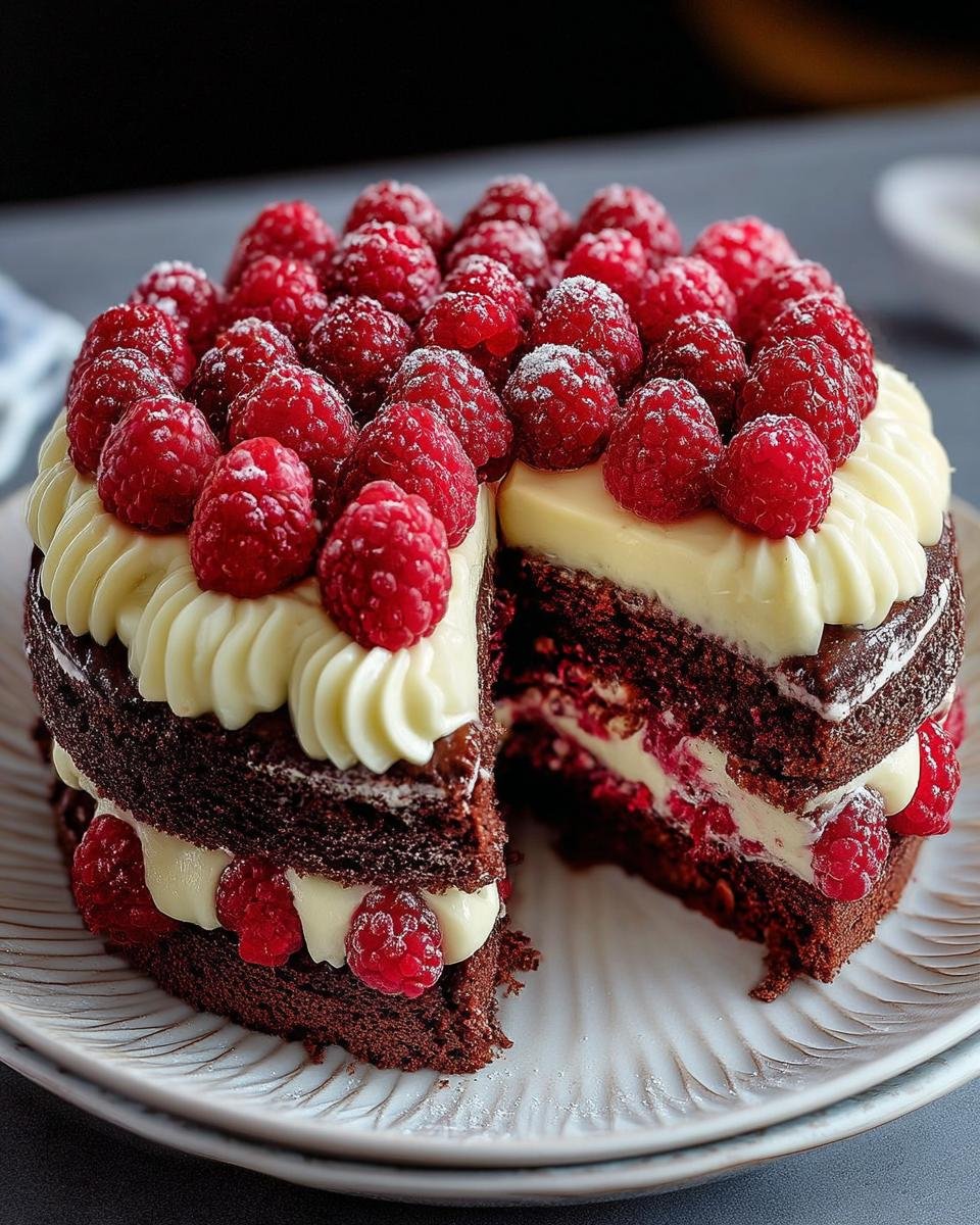 Gâteau Chocolat Blanc Framboise Facile, une part coupée révélant les couches de chocolat, crème et framboises fraîches.