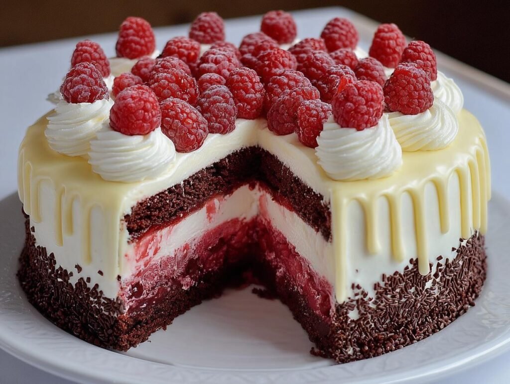 Gâteau Chocolat Blanc Framboise Facile, une part coupée montrant les couches de chocolat, crème et framboise, décoré de fruits rouges.