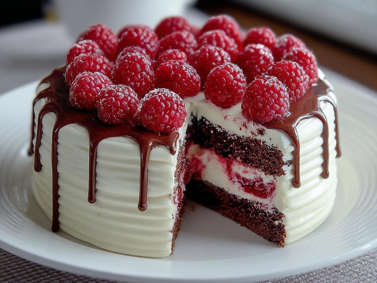 Gâteau chocolat blanc framboise facile décoré de framboises fraîches et d'un glaçage au chocolat.