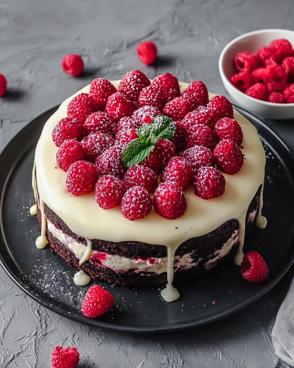 Gâteau Chocolat Blanc Framboises magnifiquement décoré de framboises fraîches et de glaçage blanc.