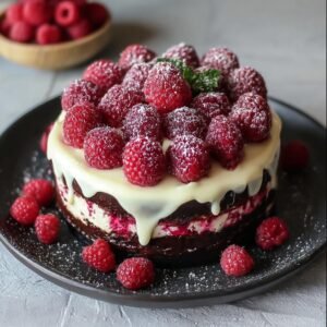 Gâteau Chocolat Blanc Framboises garni de framboises fraîches et de glaçage au chocolat blanc.