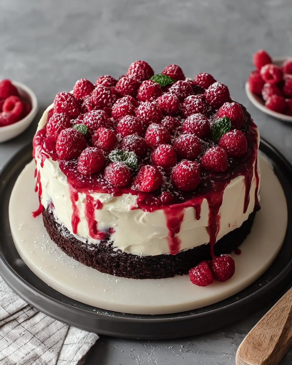 Gâteau Chocolat Blanc Framboises, richement décoré de framboises fraîches et d'un coulis vibrant.