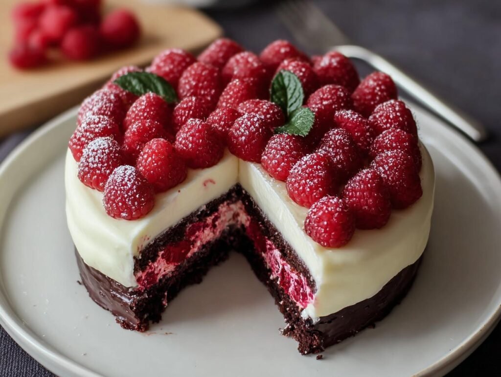 Gros plan sur une tranche de Gâteau Chocolat Blanc Framboises, garni de framboises fraîches et de sucre glace.