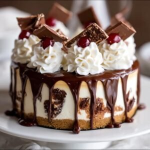 Gâteau au fromage Hot Fudge Sundae avec glaçage au chocolat, crème fouettée et cerises.