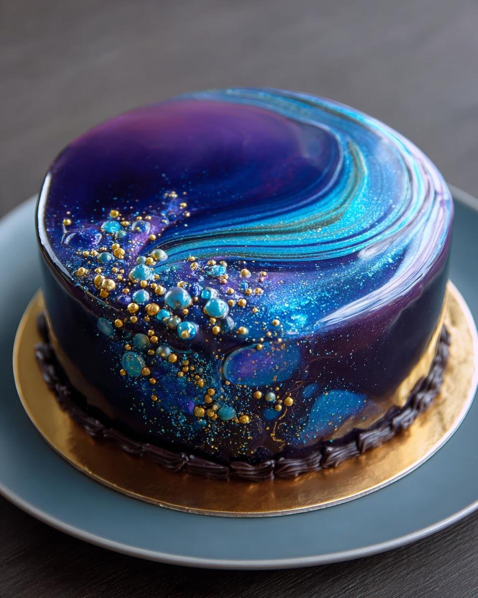 Gâteau Galaxy Mirror Glaze avec un glaçage miroir bleu et violet, décoré de billes dorées et bleues.