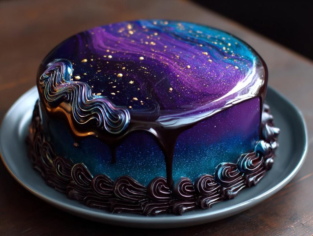 Gâteau Galaxy Mirror Glaze avec glaçage miroir violet et bleu scintillant, décoré de chocolat.