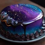 Gâteau Galaxy Mirror Glaze avec glaçage miroir violet et bleu scintillant, décoré de chocolat.