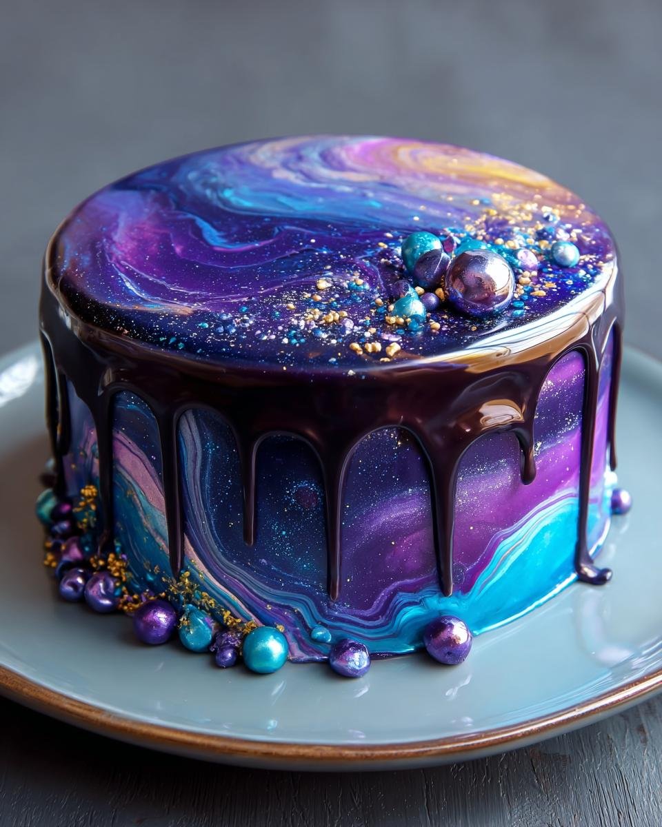 Gâteau Galaxy Mirror Glaze aux couleurs vives, avec des coulées de chocolat et des décorations sphériques.