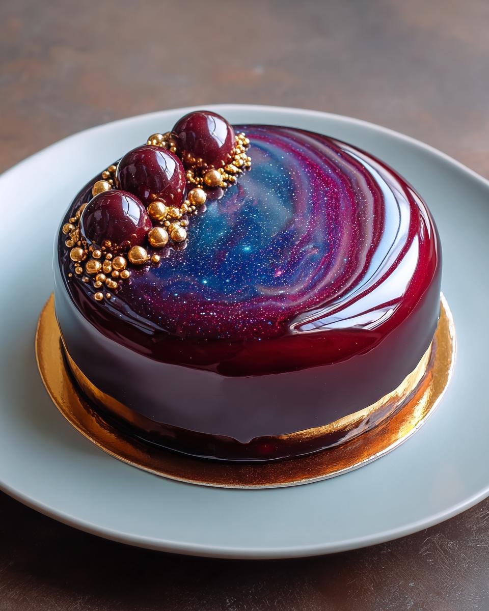Gâteau Galaxy Mirror Glaze spectaculaire avec glaçage miroir tourbillonnant, décoré de sphères chocolatées et de billes dorées.