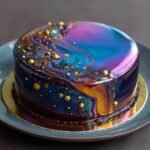 Gâteau Galaxy Mirror Glaze avec glaçage miroir bleu, violet et doré, parsemé de paillettes dorées.