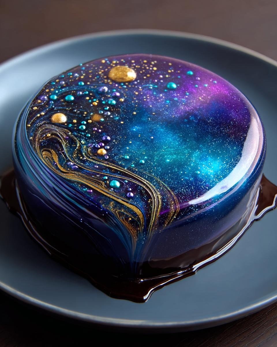 Gâteau Galaxy Mirror Glaze avec un glaçage miroir bleu et violet, orné de perles dorées et bleues.