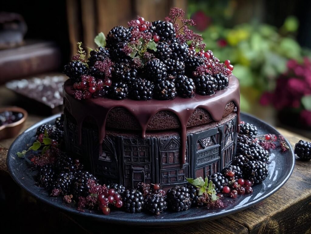 Gâteau Gothique aux Mûres, décoré de mûres fraîches, de groseilles et d'un glaçage chocolat noir.