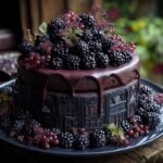 Gâteau Gothique aux Mûres, décoré de mûres fraîches, de groseilles et d'un glaçage chocolat noir.