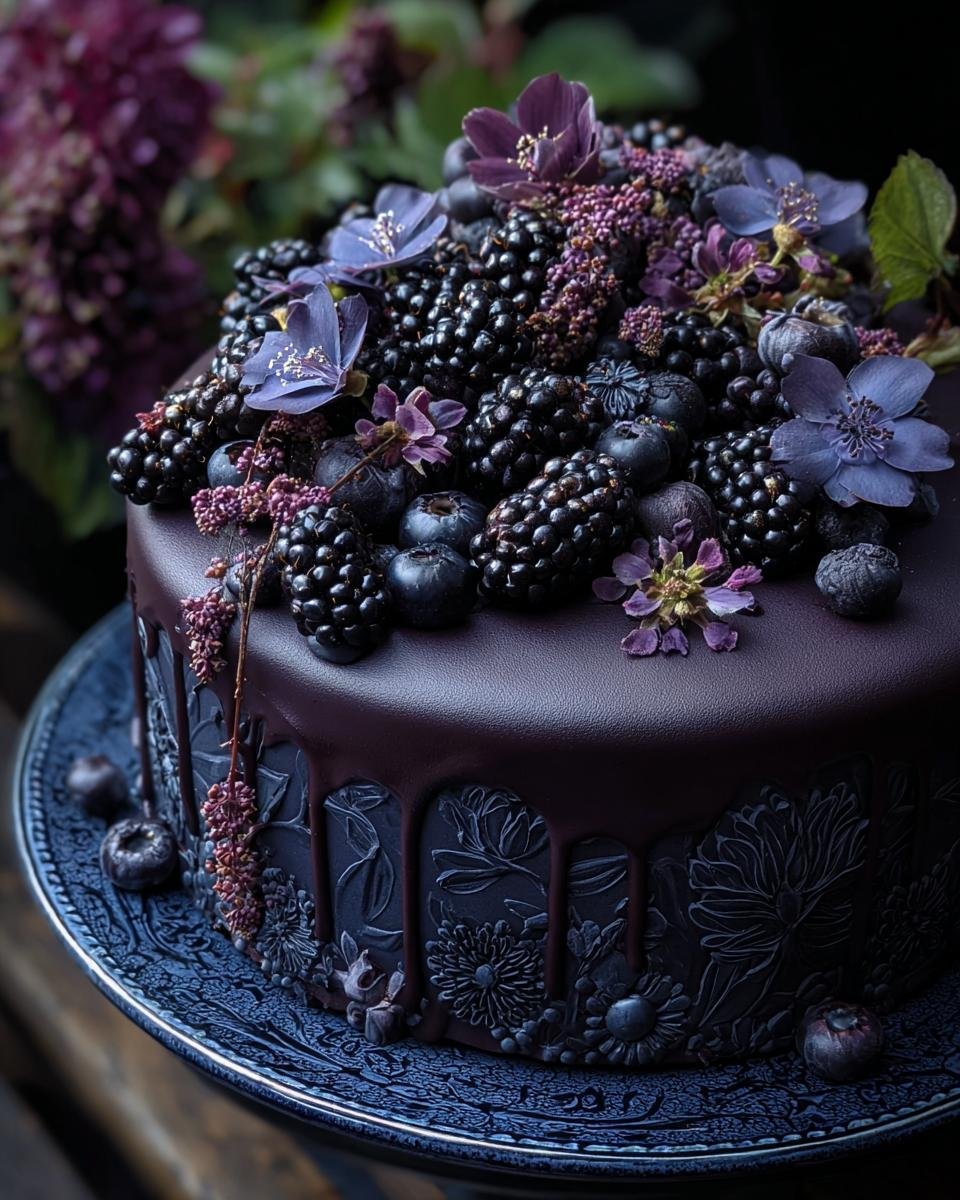 Gâteau Gothique aux Mûres, richement décoré de mûres fraîches, myrtilles et fleurs violettes.