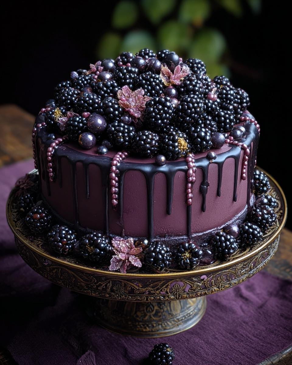 Gâteau Gothique aux Mûres, richement décoré de mûres fraîches, de glaçage chocolat et de perles comestibles.
