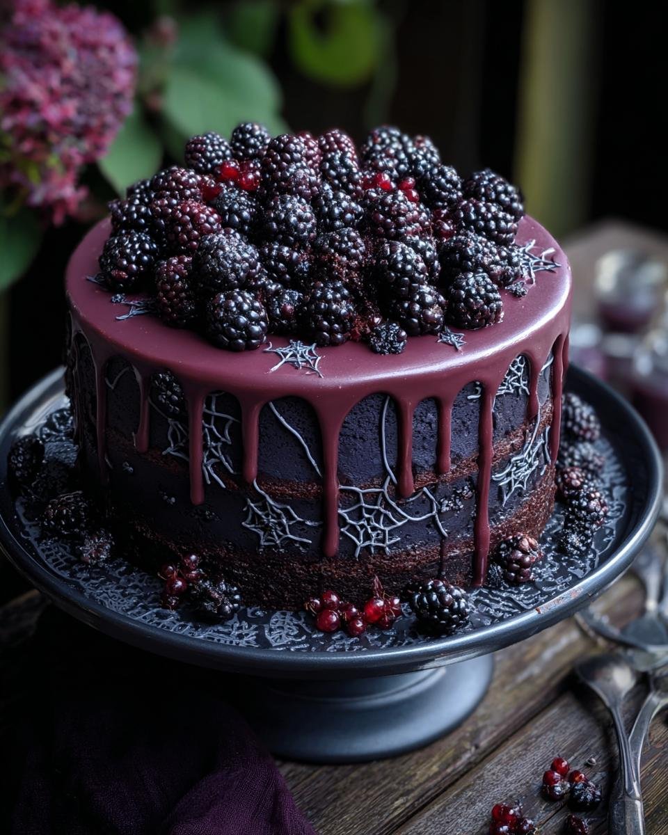 Gâteau Gothique aux Mûres avec glaçage violet, décoré de toiles d'araignées et de mûres fraîches.