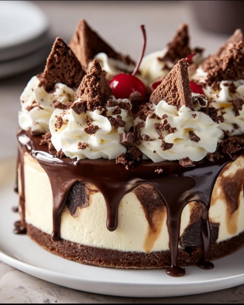 Gâteau Hot Fudge Sundae Cheesecake avec glaçage au chocolat, crème fouettée et cerises.