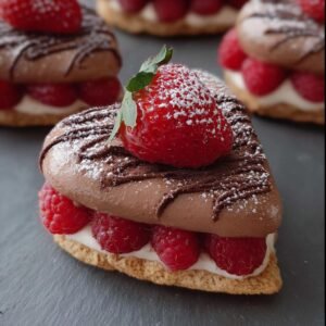 Gâteau Mousse Chocolat Framboise Facile en forme de cœur, garni de framboises fraîches et d'une fraise.