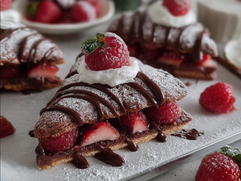 Gros plan d'une part de Gâteau Mousse Chocolat Framboise Facile, garnie de framboises, chantilly et coulis de chocolat.