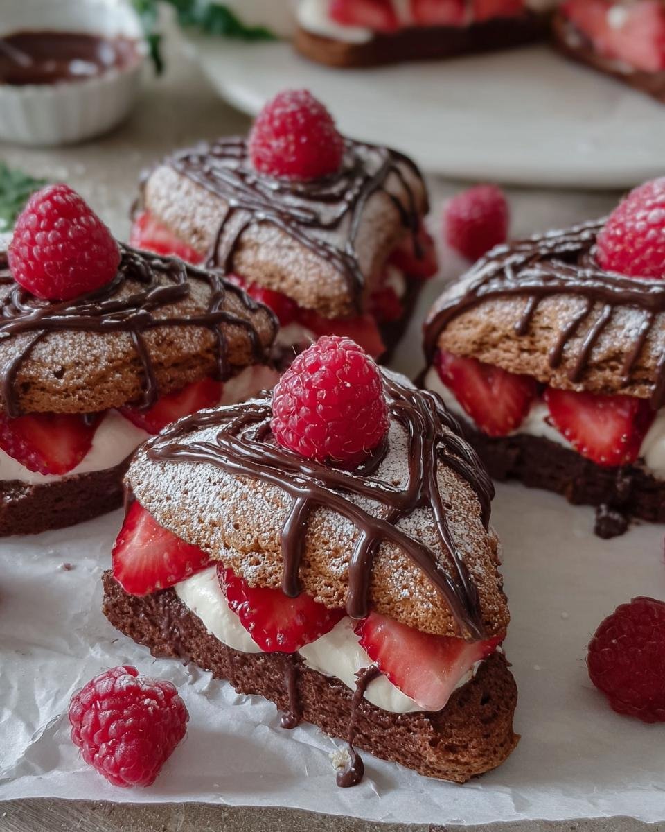 Gros plan d'une tranche de gâteau mousse chocolat framboise facile garnie de crème, fraises et framboises.