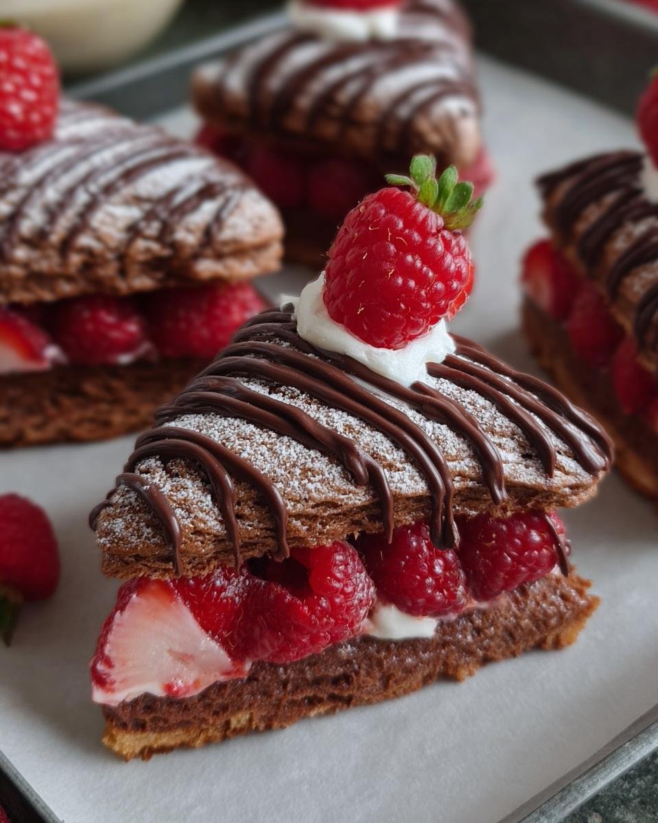 Gros plan d'une tranche de Gâteau Mousse Chocolat Framboise Facile garnie de framboises fraîches et de chocolat.